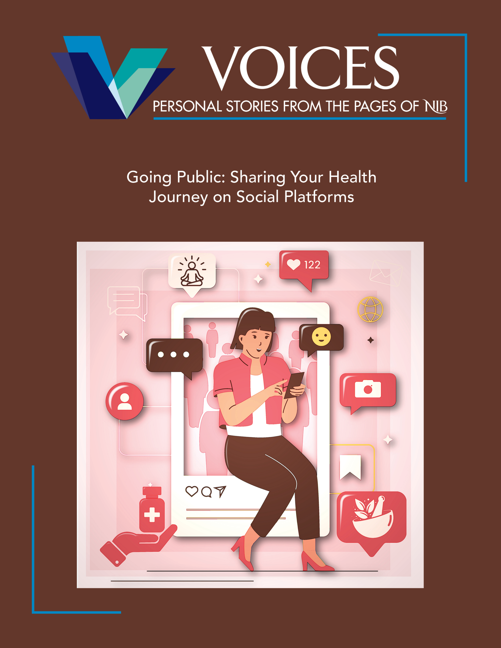 Cover image for a VOICES presentation: 'Personal Stories from the Pages of NIB' with the subtitle 'Going Public: Sharing Your Health Journey on Social Platforms' and a pink illustration of a person using a smartphone among social icons.